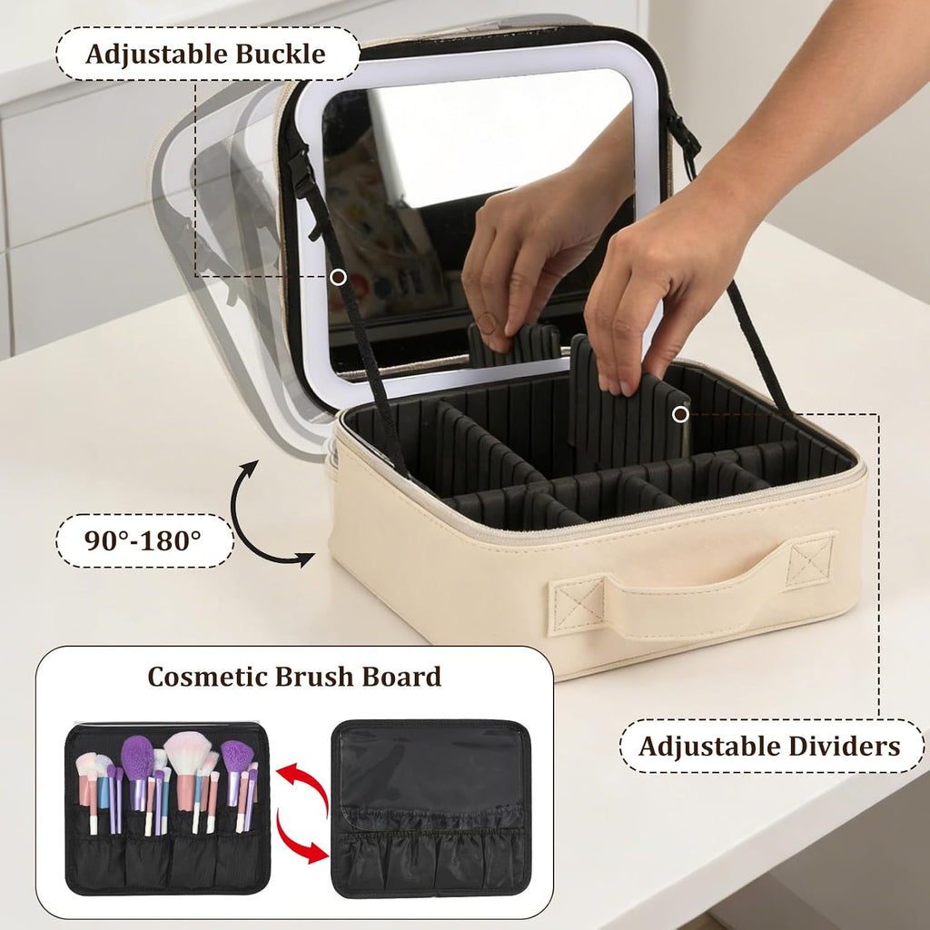 Travel Makeup Bag with Mirror & 8 Adjustable EVA Dividers, Beige | Portable makeup case, detachable mirror with 3