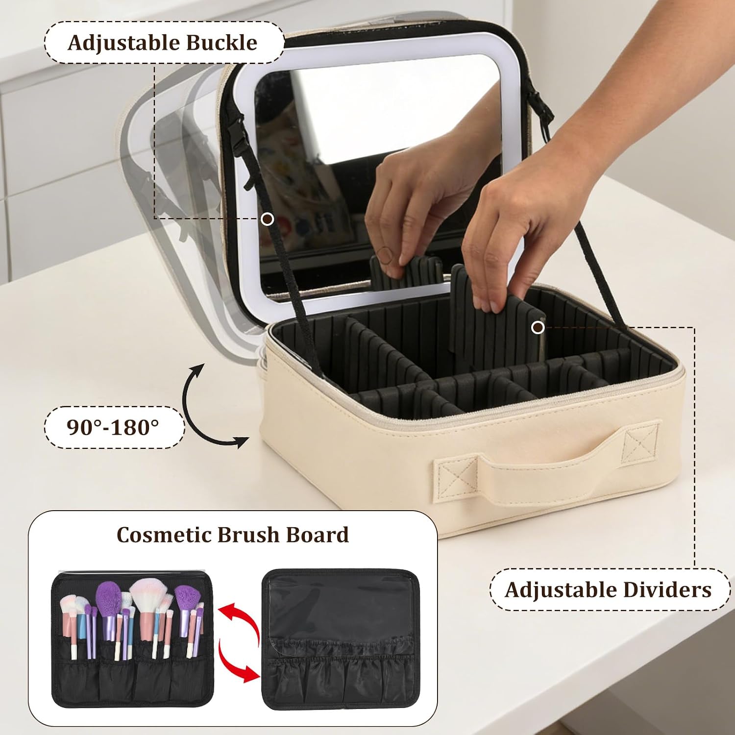 Travel Makeup Bag with Mirror & 8 Adjustable EVA Dividers, Beige | Portable makeup case, detachable mirror with 3