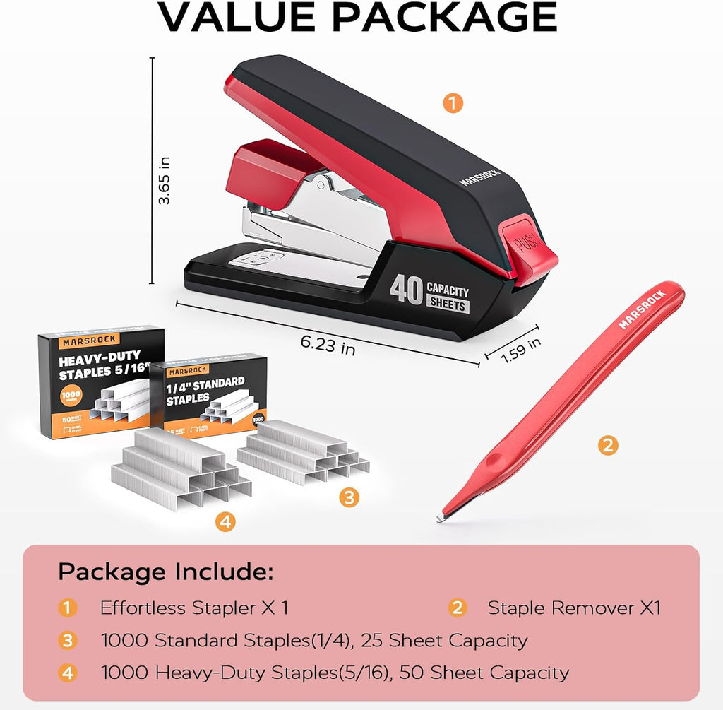 Heavy Duty Stapler for Desk with 40-50 Sheet, 2000 Staples, Red