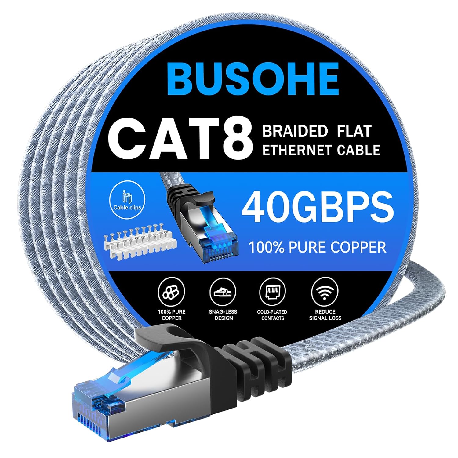 Cat 8 Ethernet Cable 50 ft, Nylon Braided High Speed Heavy Duty Network LAN Patch Cord, 40Gbps 2000Mhz SFTP Shielded