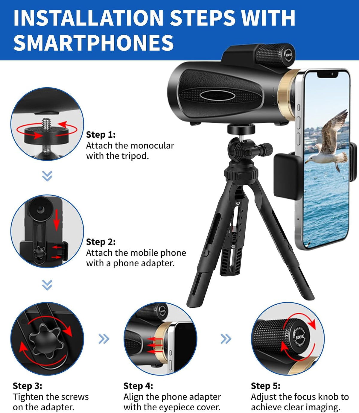 Monocular Telescope 12X60 HD High Power with Smartphone Adapter Tripod Larger Vision Monoculars for Adults with BAK4