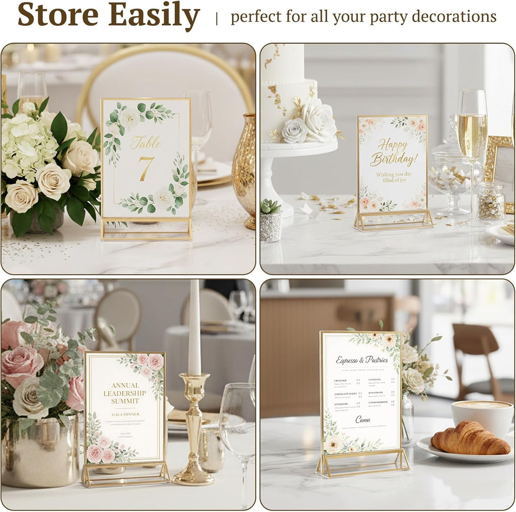 2 Pack Acrylic Sign Holder 4 x 6, Double Sided Gold Picture Frame Stand up Table Top Sign Holders, Clear Display