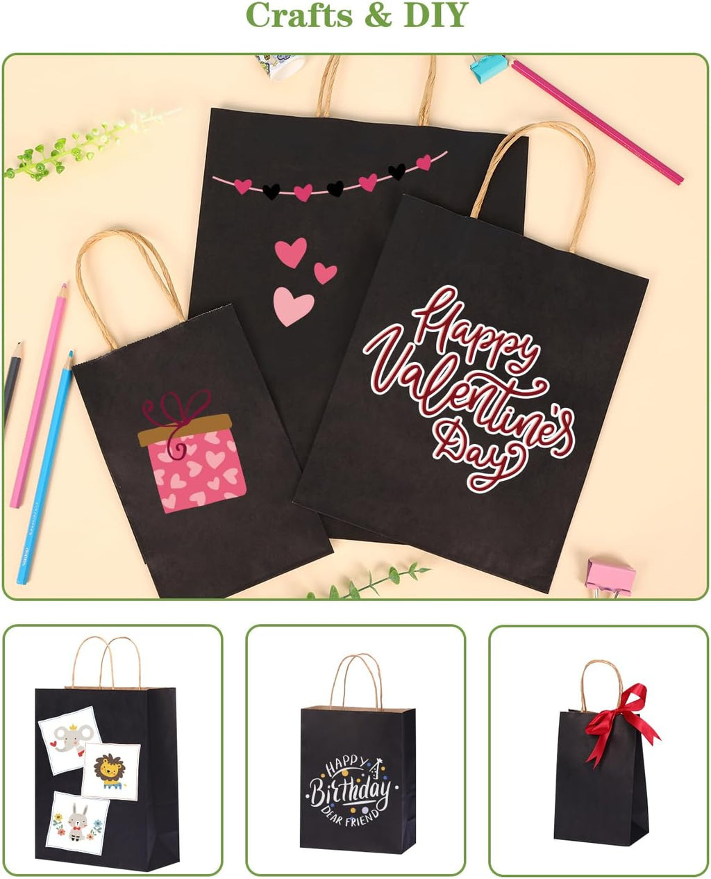 100pcs Black Paper Bags with Handles Bulk, Gift Bags Assorted Sizes