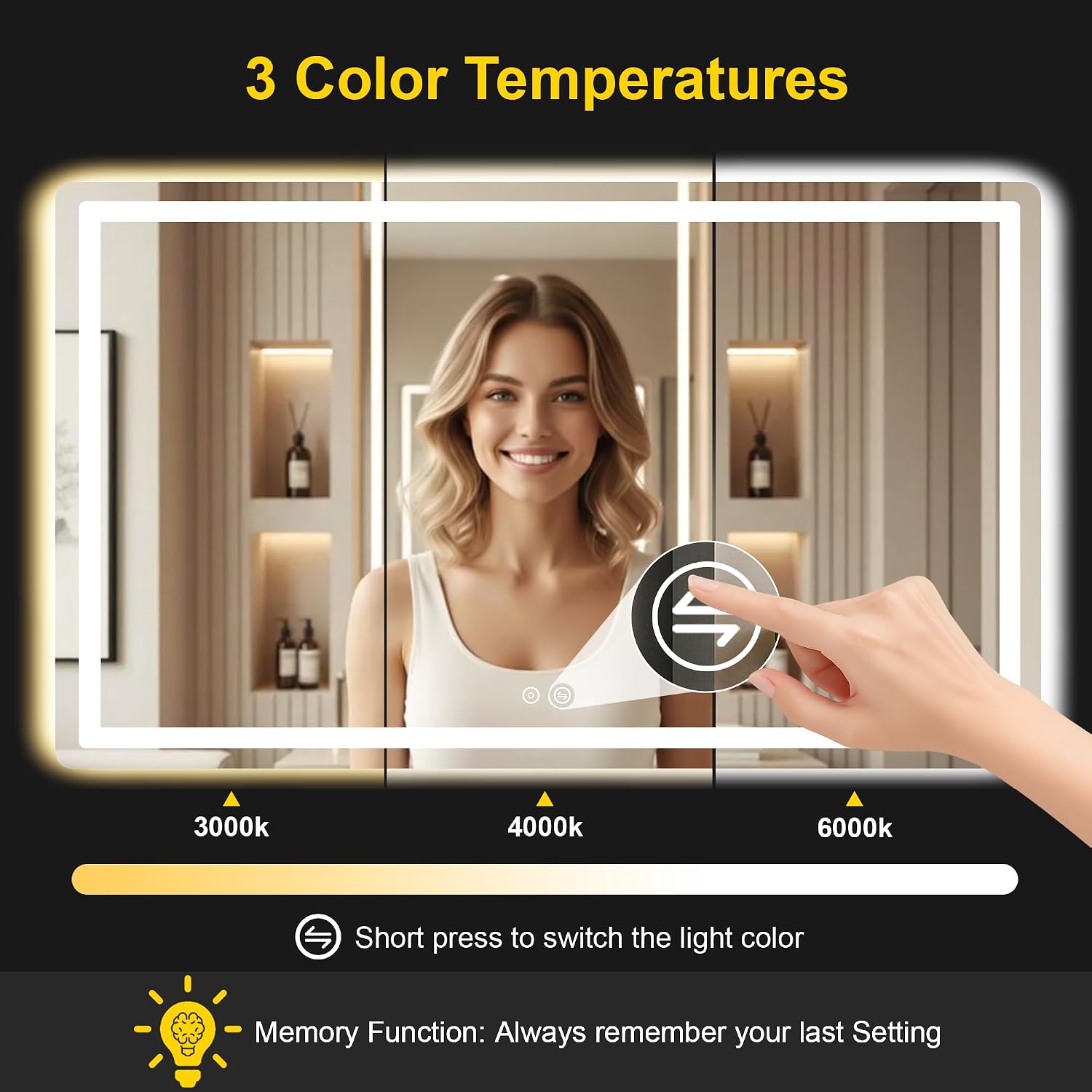 LED Bathroom Mirror with Lights, 30"x55" Lighted Vanity Mirror for Wall | Anti-Fog, Dimmable 3 Color Light