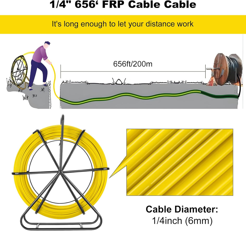Fish Tape Fiberglass, 656ft (6mm x 200m) Duct Rodder Fish Tape Wire Puller with Steel Reel Stand, Heavy Duty Duct