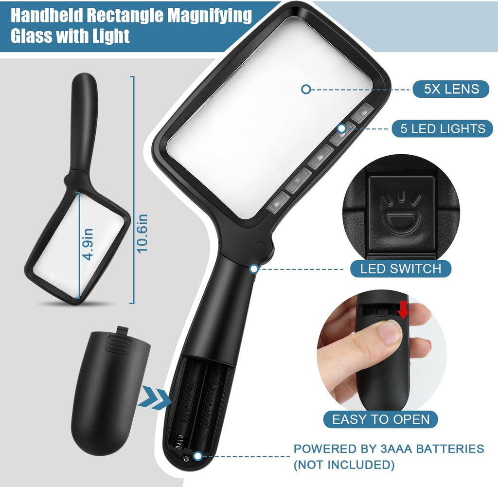 Folding Handheld Magnifying Glass with Light, 5X Large Rectangle Reading Magnifier with Dimmable LED for Seniors with