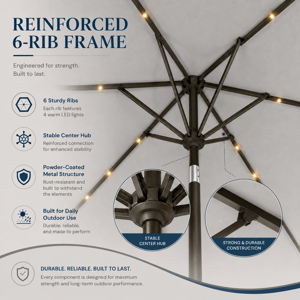6.5 x 10ft Rectangular Patio Umbrella with Solar Lights, 16 LED Lighted Market Umbrella with Push-Button Tilt and