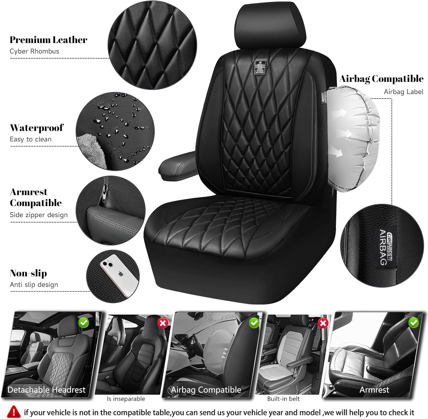 5 Seats Piping Luxury Faux Leather Seat Covers Full Set, Anti-Slip Waterproof Seat Covers Compatible with Front