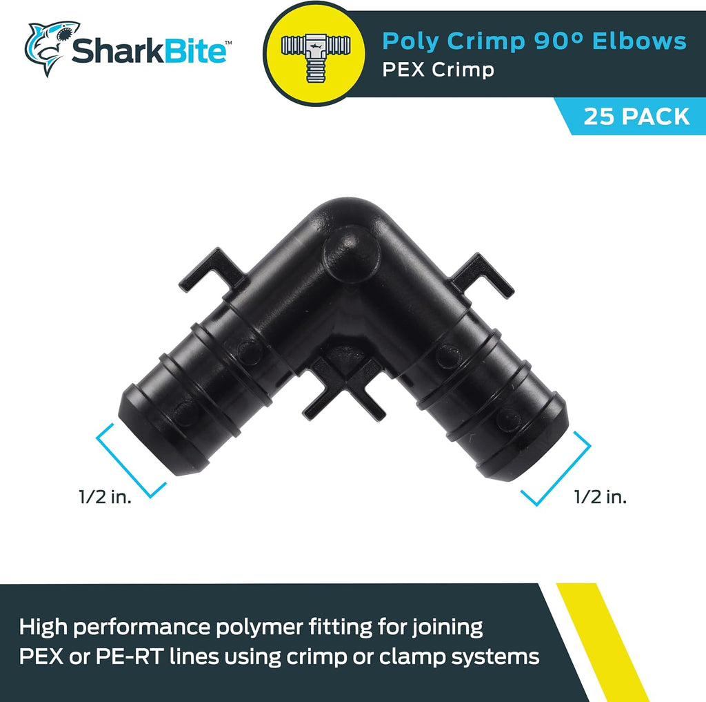 SharkBite 1/2 Inch Poly Crimp 90 Degree Elbow, Pack of 25, PEX Pipe, PE-RT, UP248