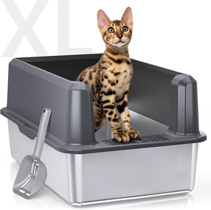 Enclosed Stainless Steel Cat Litter Box with Lid, XL Extra Large Litter Box for Big Cats, Metal Litter Pan High