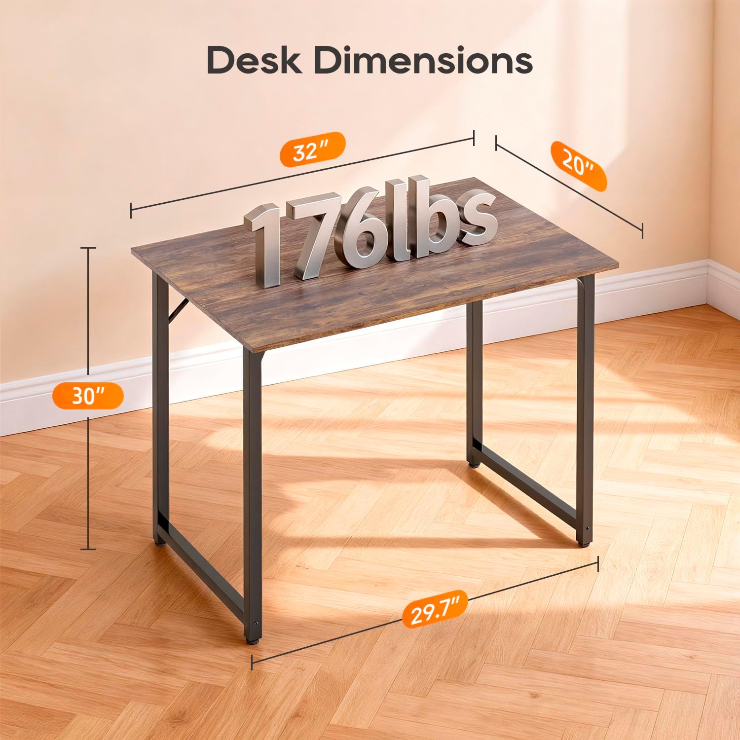 32 Inch Computer Desk | Brown | Office Desk with Metal Frame, Adjustable Feet | Water-Resistant, Scratchproof Surface