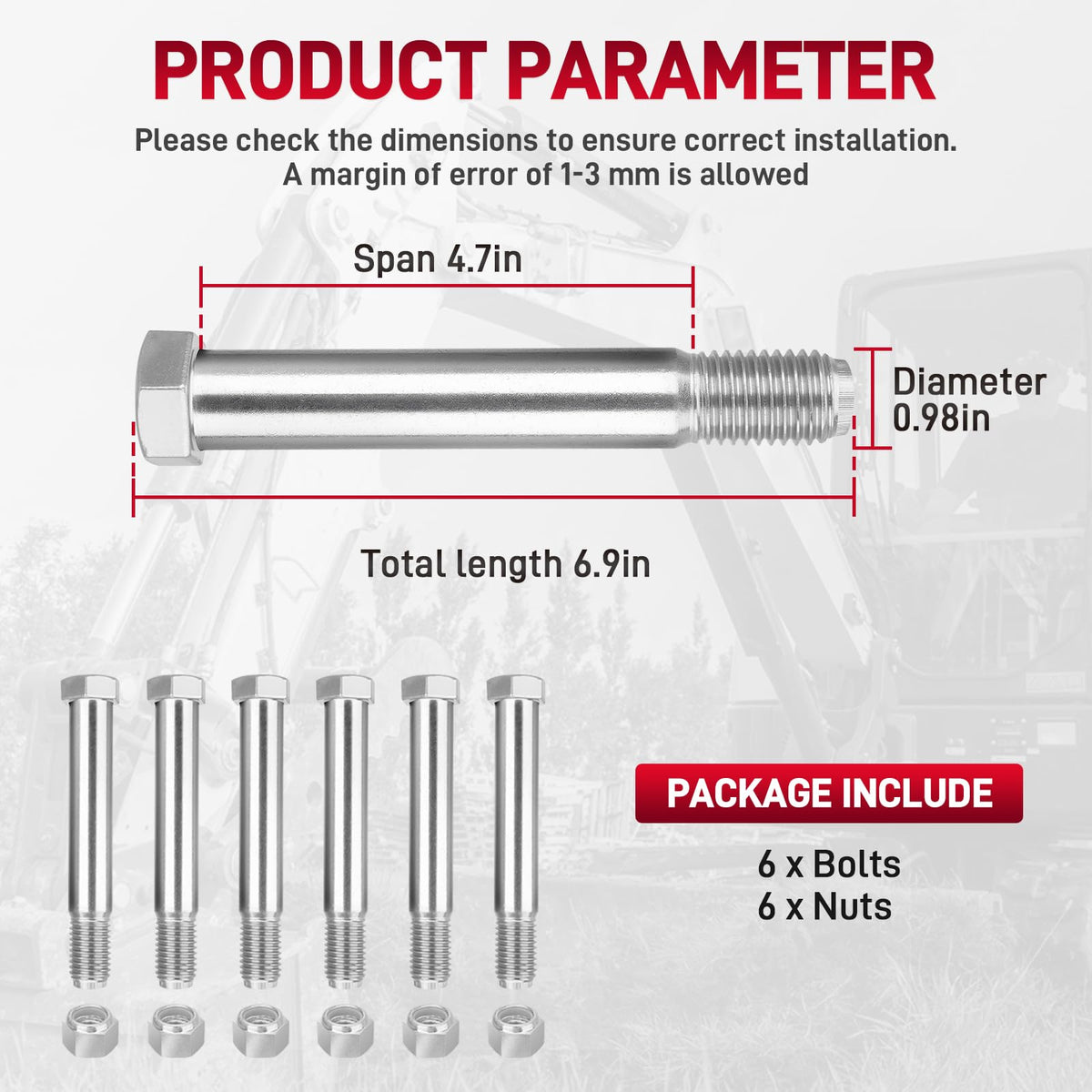 6PCS Mini Excavator Pins 0.98in/25mm Compatible with Small Excavator
