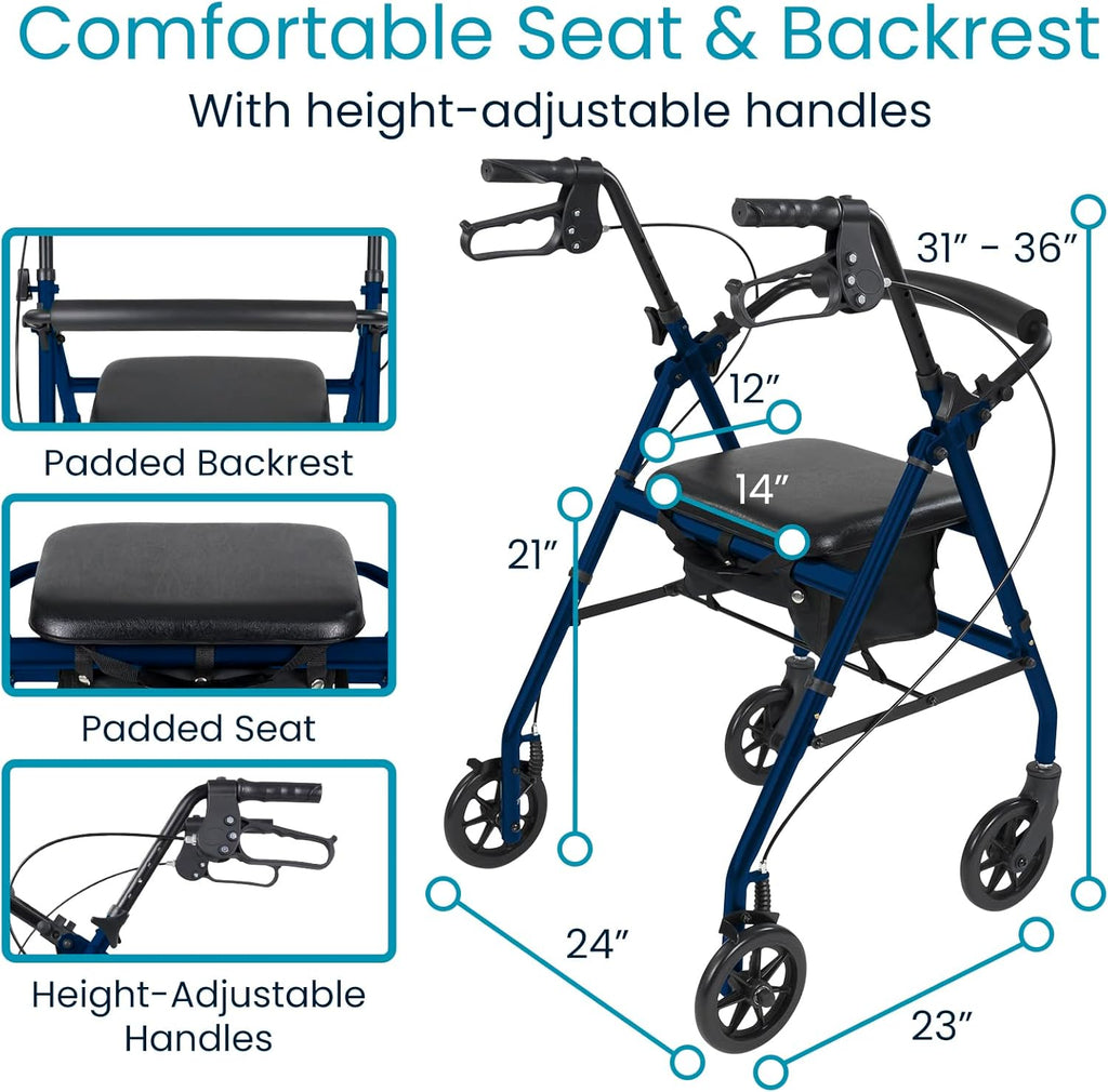 Vive Ultra Lightweight Rollator Walker with Seat - Foldable, Narrow, Rolling Senior Walker for Small Spaces - 4 Wheel