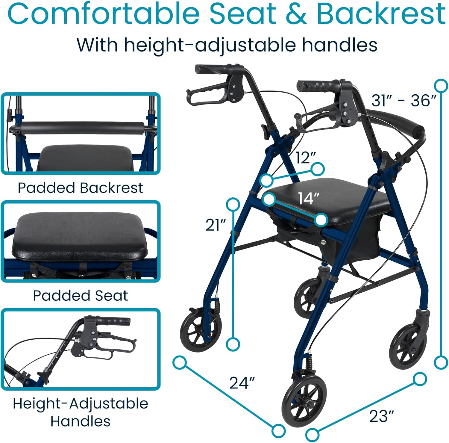 Vive Ultra Lightweight Rollator Walker with Seat - Foldable, Narrow, Rolling Senior Walker for Small Spaces - 4 Wheel
