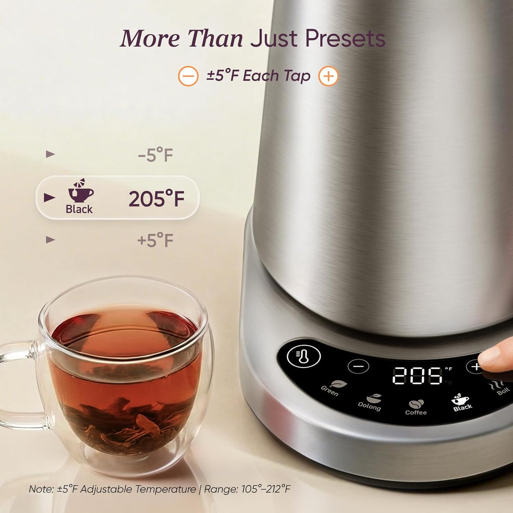 Stainless Steel Electric Kettle with Temperature Control, 1.7L | No Plastic Contact with Water, 5 Presets, ±5°F Temp