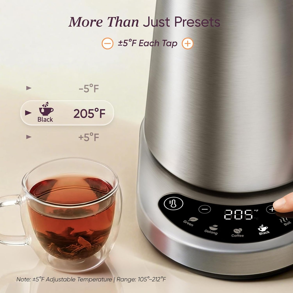 Stainless Steel Electric Kettle with Temperature Control, 1.7L | No Plastic Contact with Water, 5 Presets, ±5°F Temp