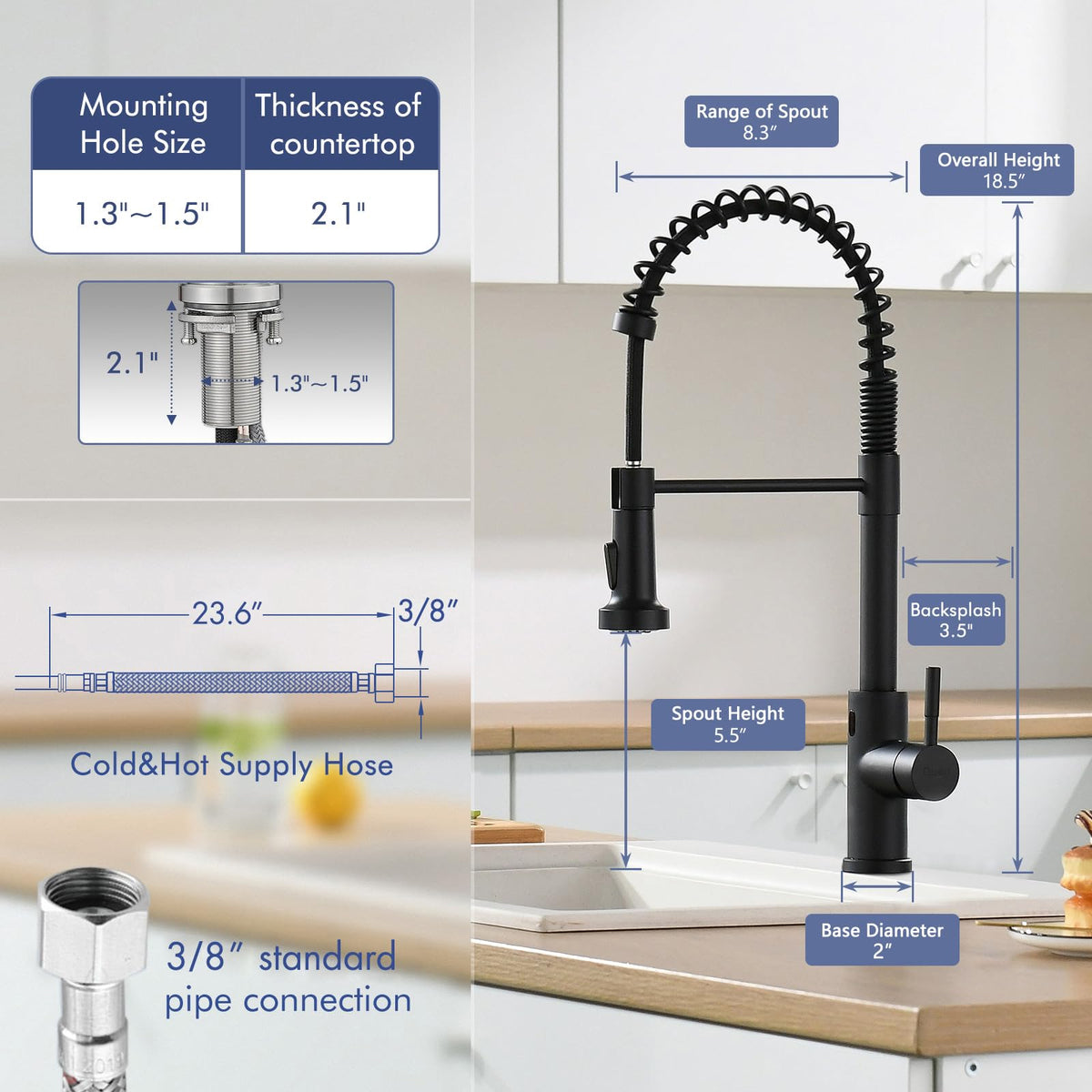 Matte Black Touchless Kitchen Faucet with Spring Pull Down Sprayer