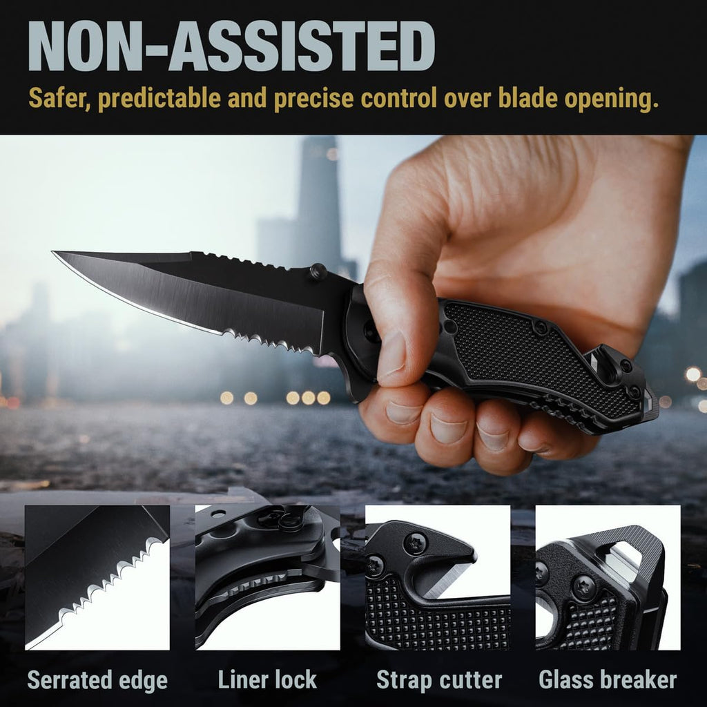 Legal Pocket Knife with 2.95” Serrated Blade, Glass Breaker, Seat Belt Cutter - EDC Sharp Folding Knives with