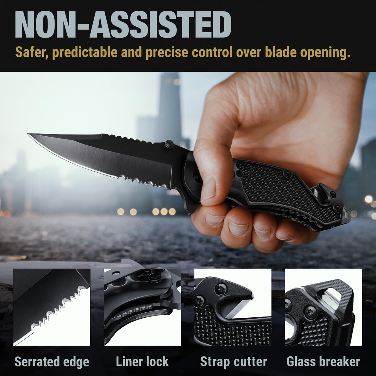 Legal Pocket Knife with 2.95” Serrated Blade, Glass Breaker, Seat Belt Cutter - EDC Sharp Folding Knives with