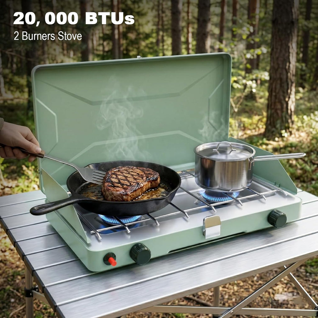 Portable Camping Stove, Propane Gas Camping Cooktop, 2 Burner, 20000 BTUs, Windscreen, Instant Ignition with