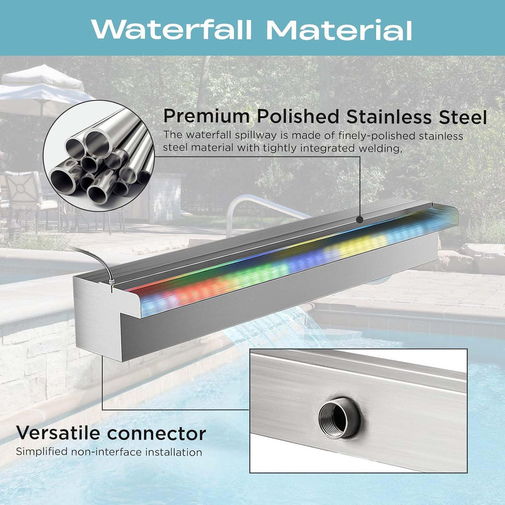 Pool Fountain Stainless Steel Waterfall with LED Lights - 11.8" LED Strip Remote Control with 18 Colors, Smooth Water