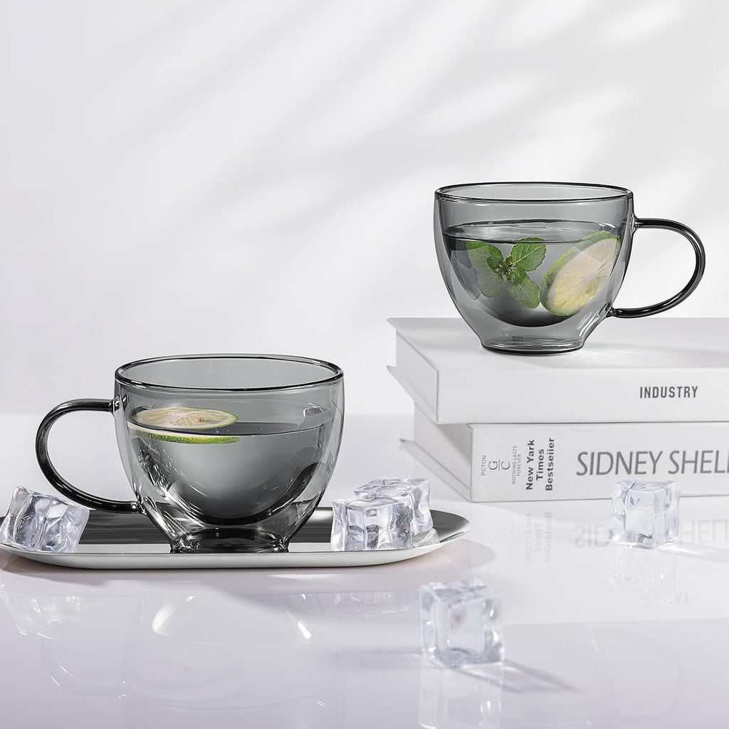 Black Double Walled Glass Coffee Mug 12 oz Cappuccino Cups Set of 2
