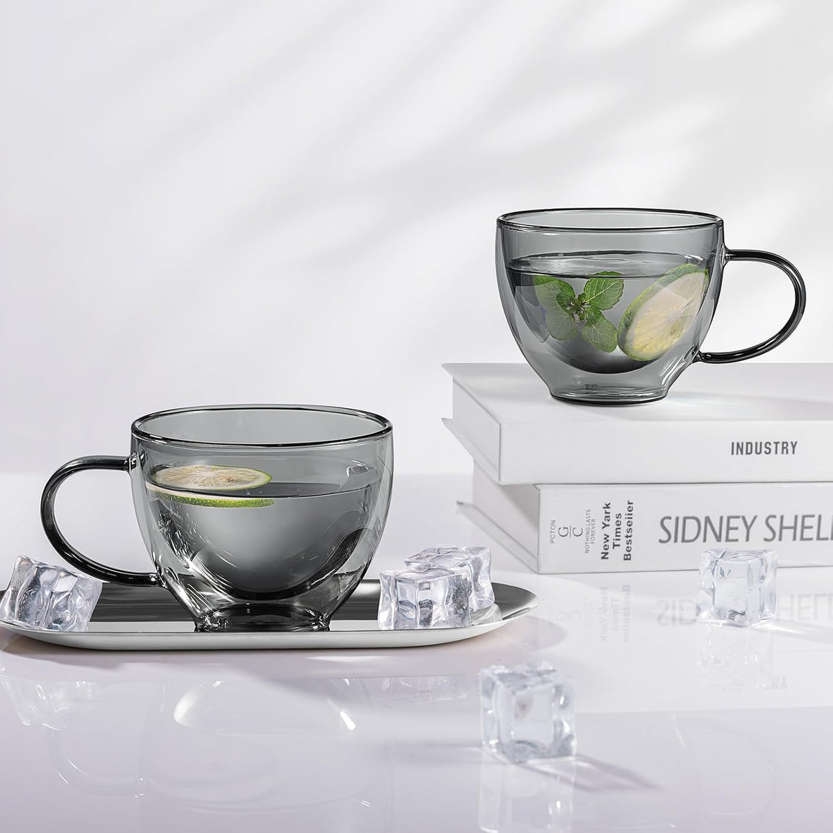 Black Double Walled Glass Coffee Mug 12 oz Cappuccino Cups Set of 2