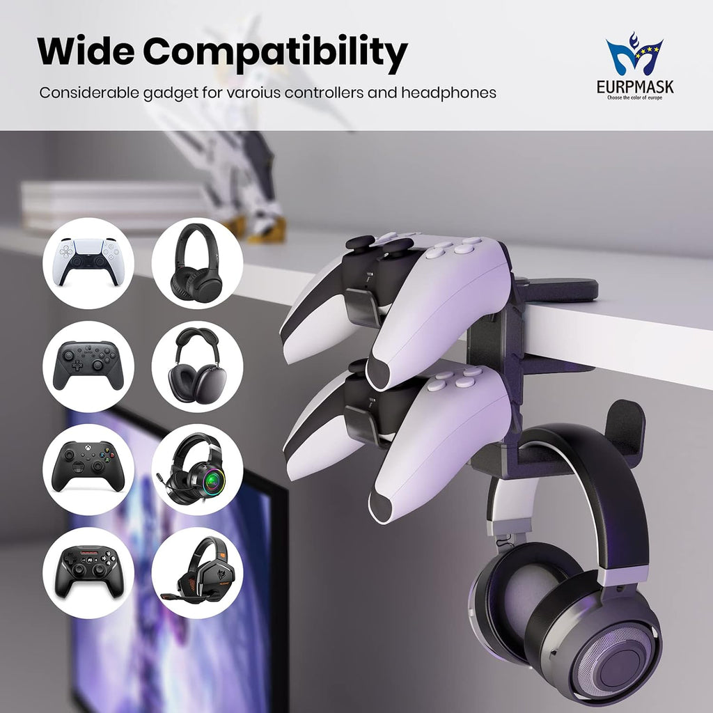 3-in-1 Headset&Controller Holder - EURPMASK Upgraded PC Gaming Headset Stand, Adjustable Clamp-on Headphone