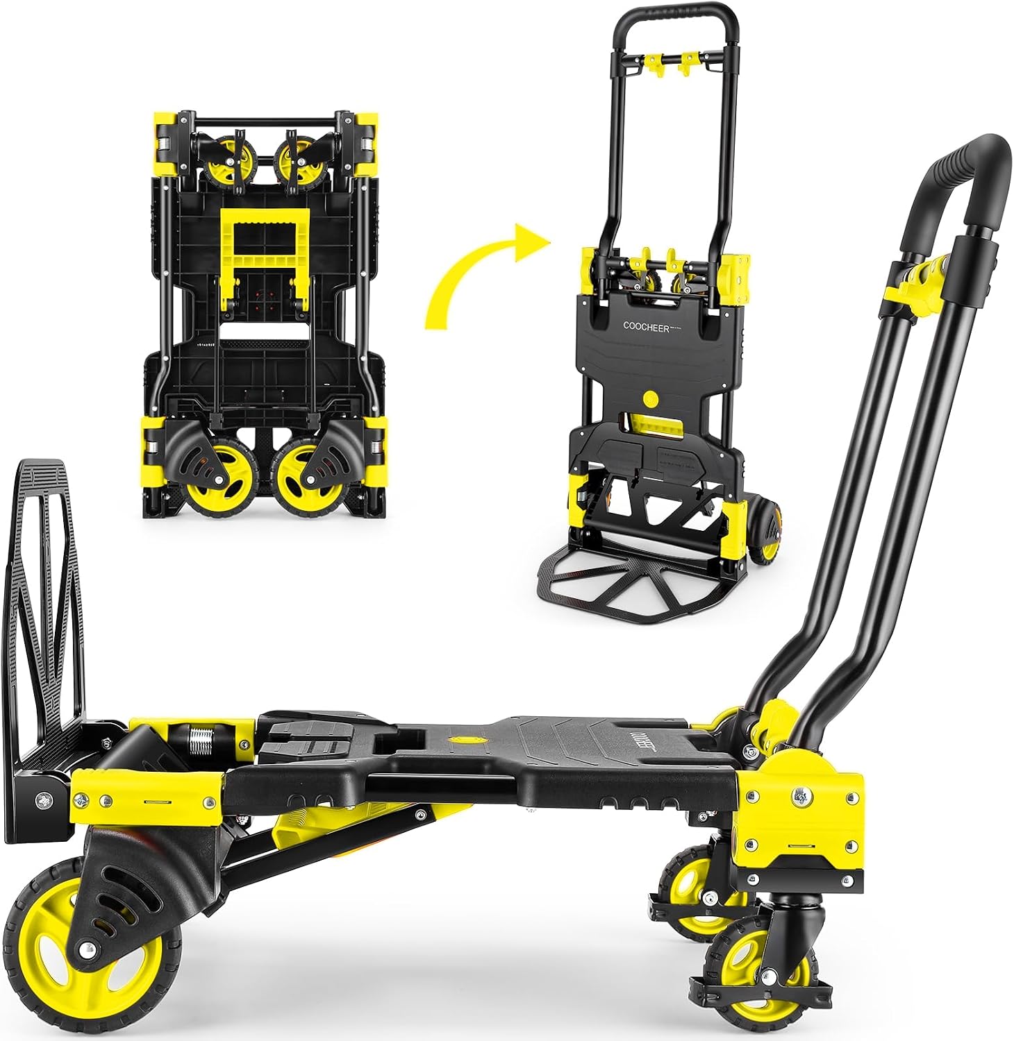Folding Hand Truck Dolly, 330lb Convertible 4 to 2 Wheel Moving Cart,Yellow | Dolly Cart with Retractable, Aluminum