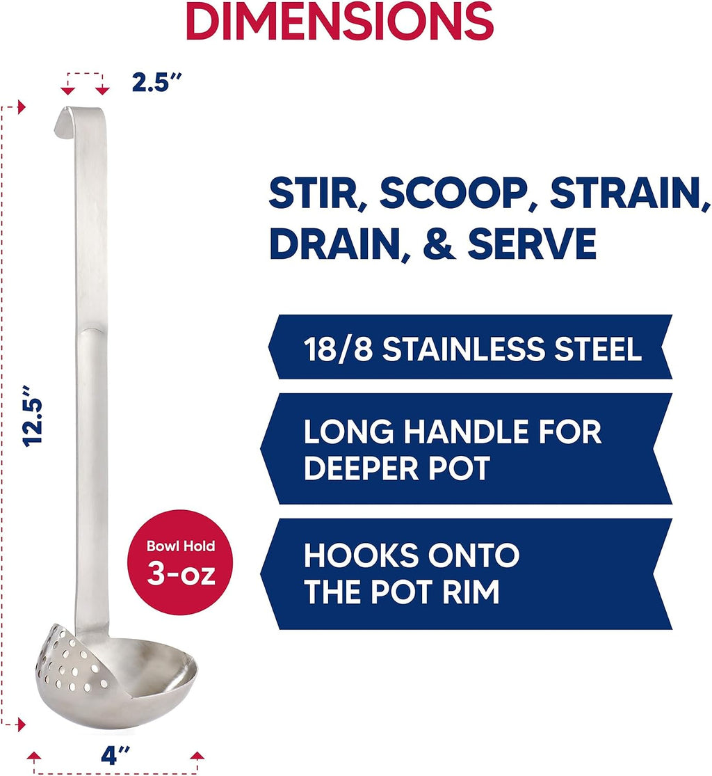 Oval Straining Ladle with Spout, 18/8 Stainless Steel, Stir, Scoop, Strain, Drain, and Serve, 3-Ounce Capacity