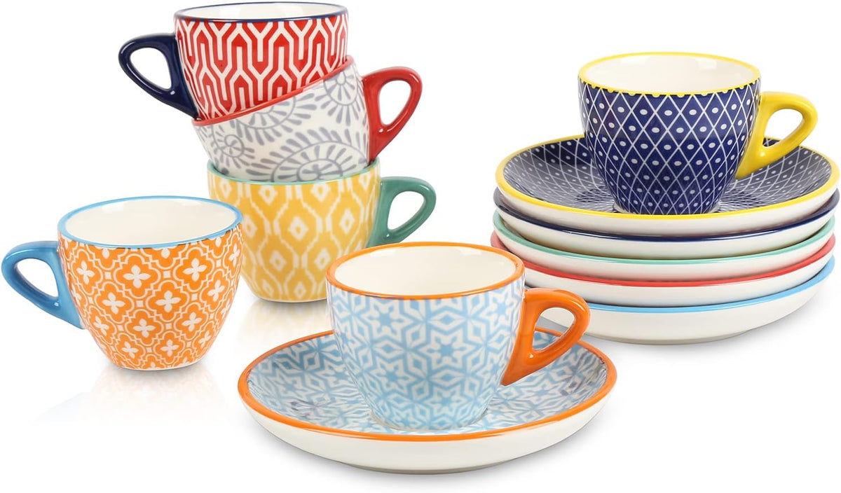 Ceramic 2 OZ Espresso Cups with Saucers, Set of 6, Assorted Colors