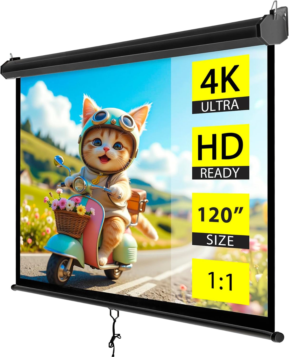 Manual Pull Down Projector Screen, 120 Inch 1:1 Black | HD 4K Supported, Retractable Ceiling & Wall Mount Screen