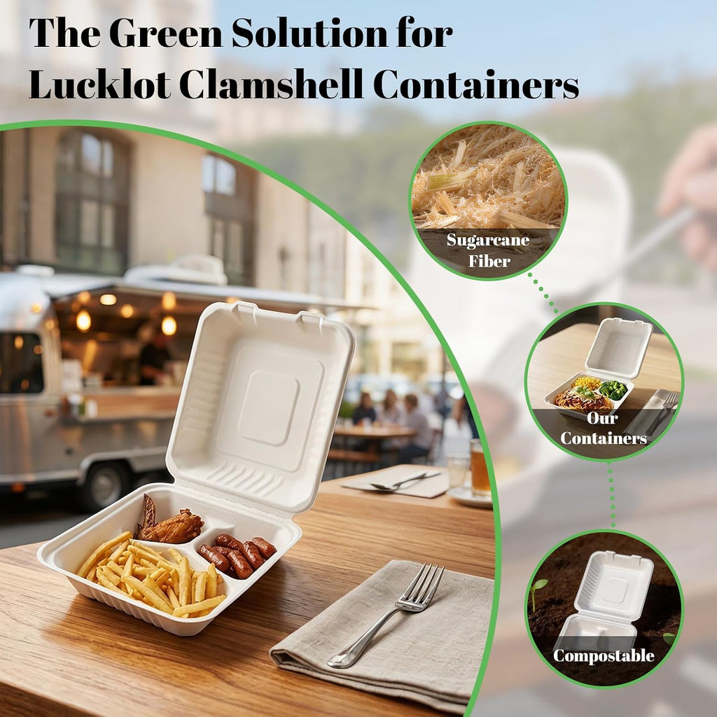 100 Pack 8×9 Inch 3-Compartment Compostable Bagasse Food Containers