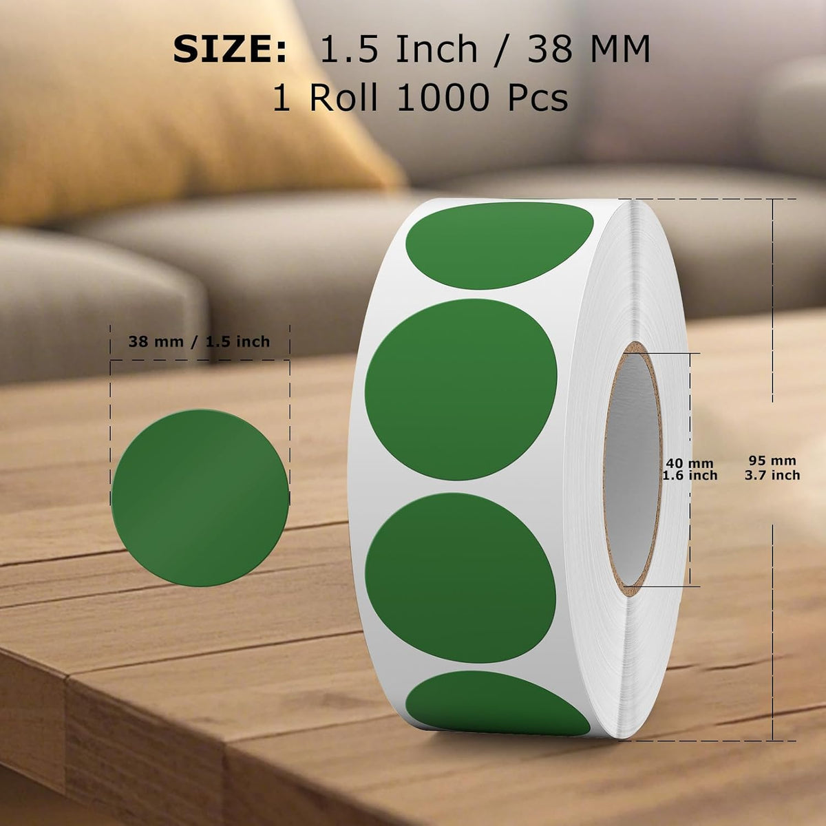 Green Round Stickers Roll 1.5 Inch Vinyl Dot Labels 1000 PCS