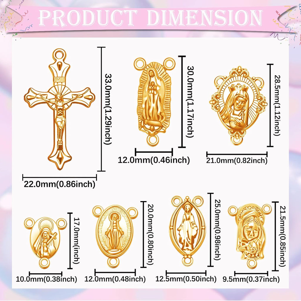 60Pcs/30Sets Rosary Making Kits Supplies Religion Cross and Center Medal Charms Jesus Crucifix Oval Alloy Pendant for
