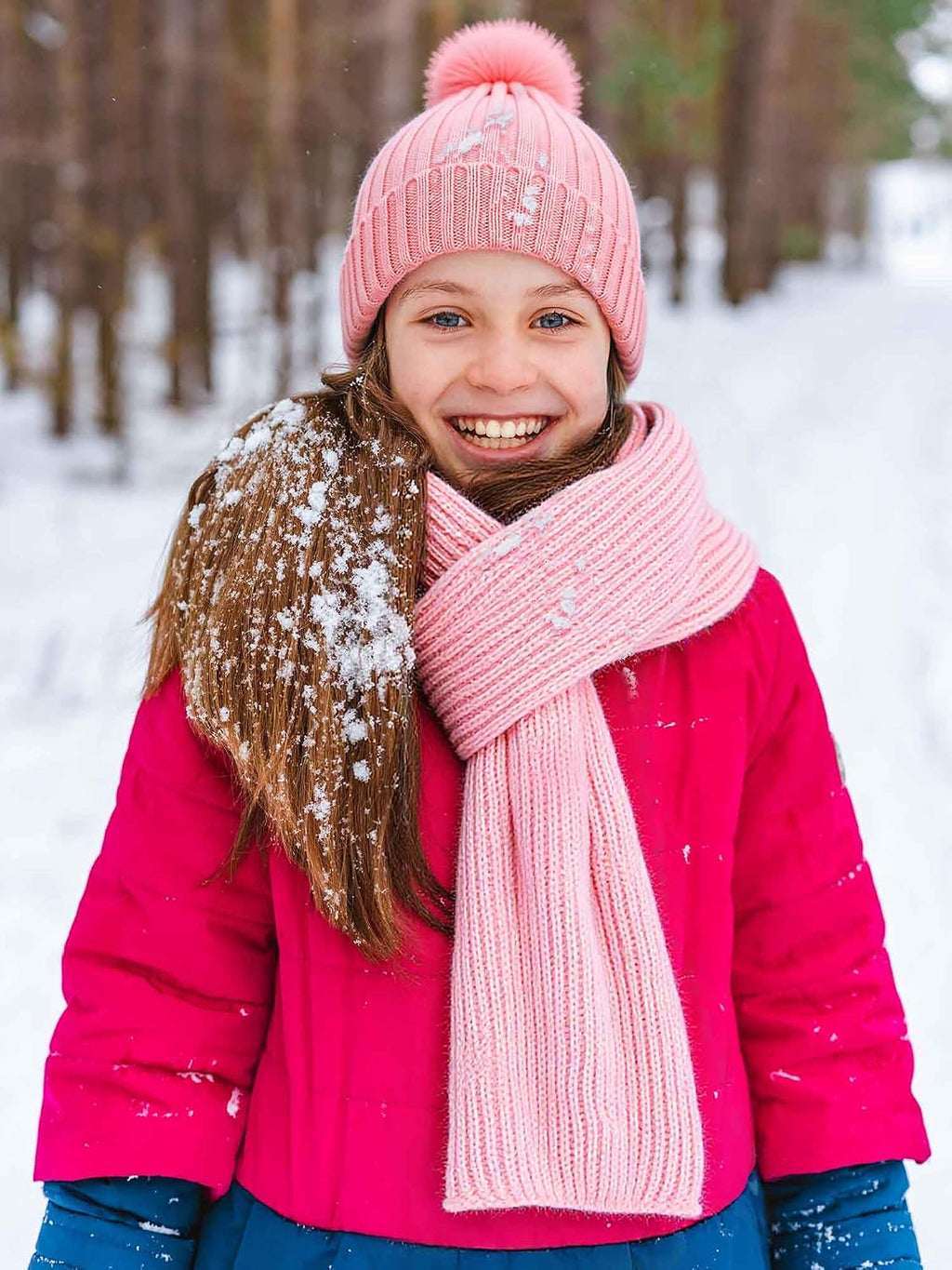 2 Sets Kids Winter Hat Gloves Scarf Set Girls and Boys Knit Hat with Pom Warm Scarf Snow Gloves for 3-10 Years Toddler