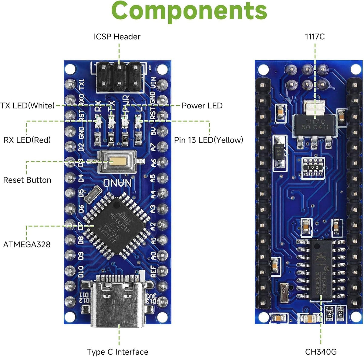 Nano V3.0 Board ATmega328P MCU CH340 USB-UART Chip 5pcs