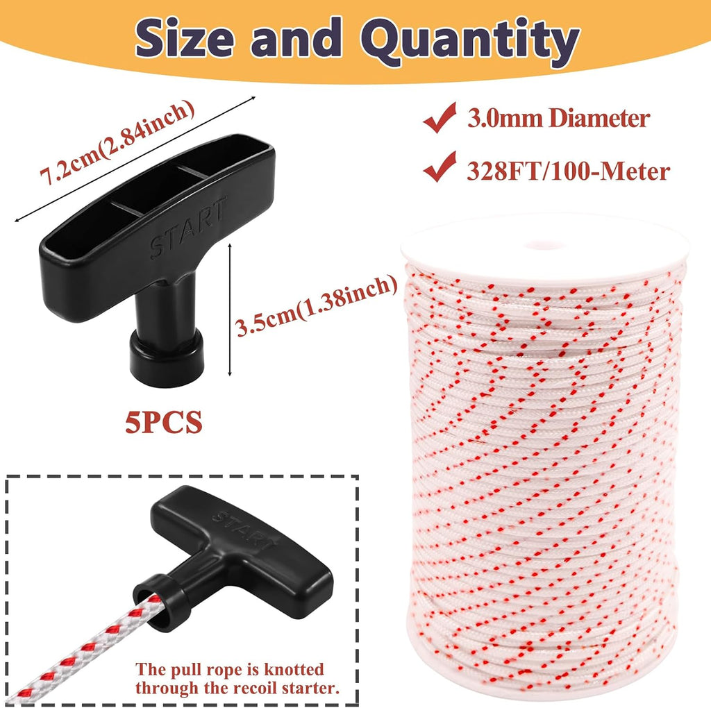 Klfte 3.0mm 100-Meter Recoil Starter Rope Pull Cord with 5 Pack Handle for Craftsman Chainsaw Lawn Mower Trimmer