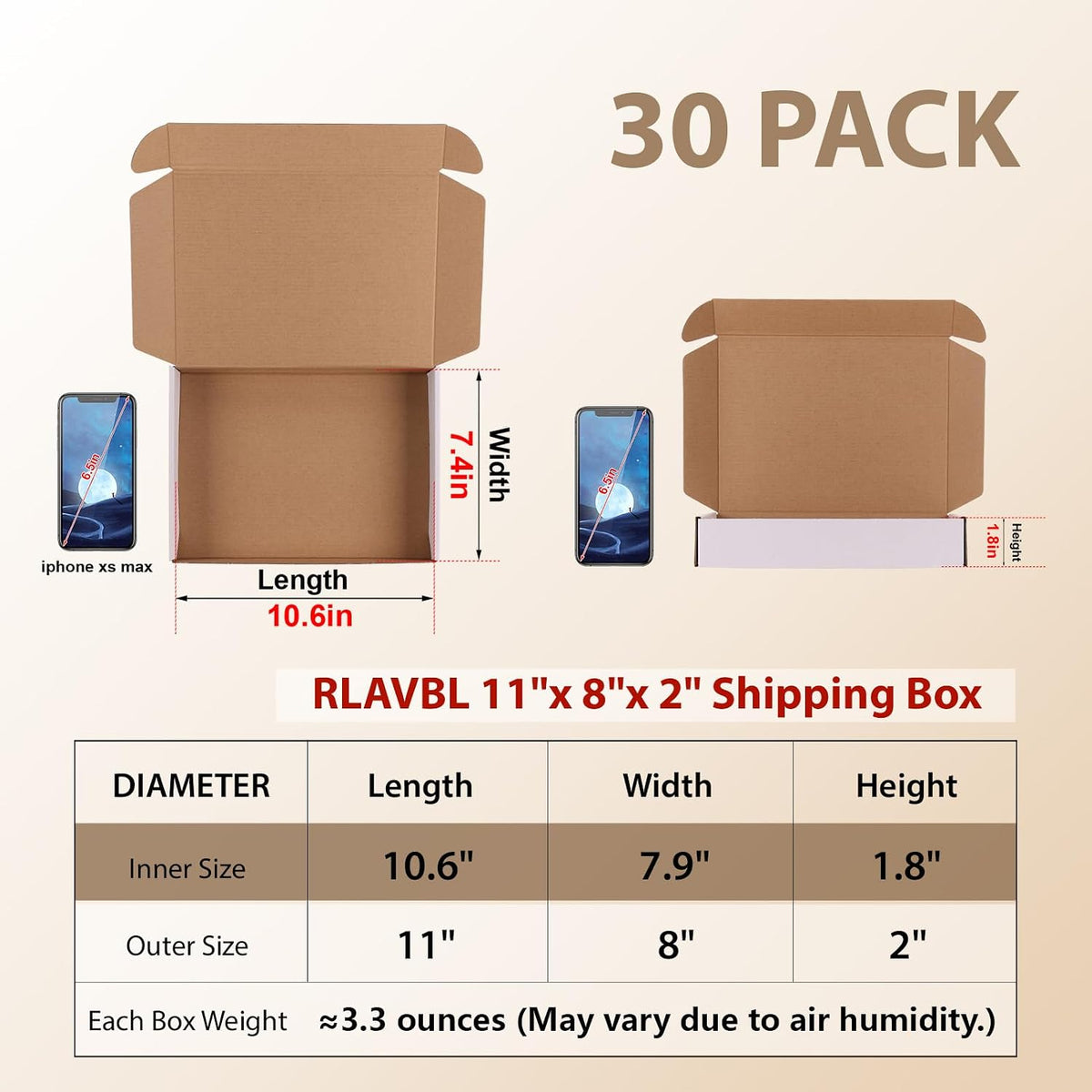 11x8x2 Shipping Boxes Set of 30, Corrugated Cardboard Mailer Box