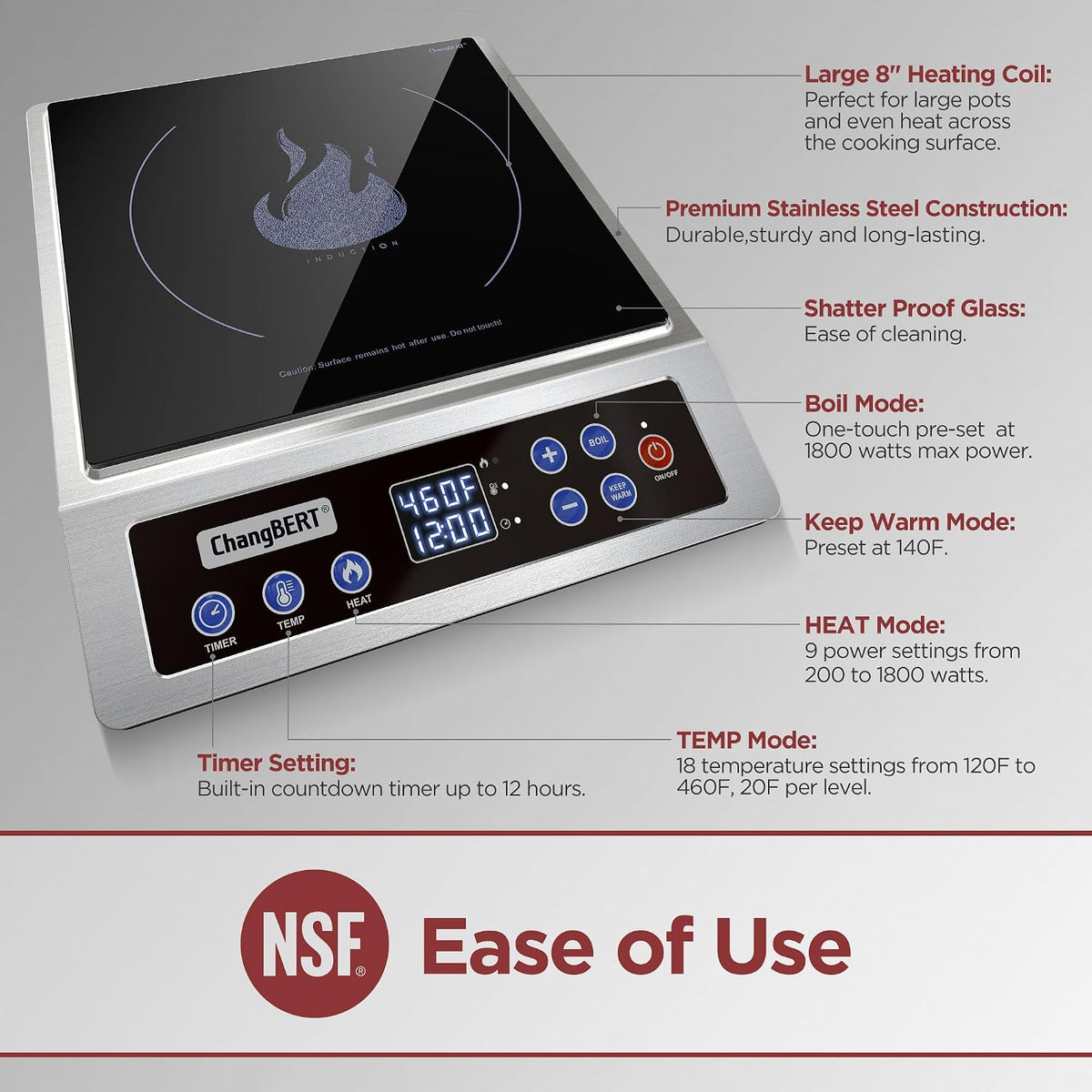 Portable Induction Cooktop Enhanced Version, One-Click Max Power 1800W Large Heating Coil Burner, Precise Temperature