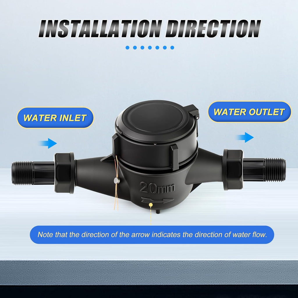 MEANLIN MEASURE Plastic 3/4" NPT Couplings Water Meter Gallon Cold Water Meter for Garden or Home, 20MM Measuring in Cubic Meter, Single-Jet Horizontal Install