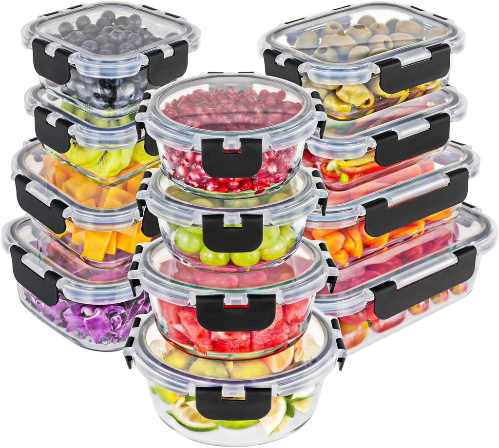 Premium Borosilicate Glass Food Storage Containers with lids Set | 24pc Sets with 12 Bowls & 12 Airtight Locking Lids