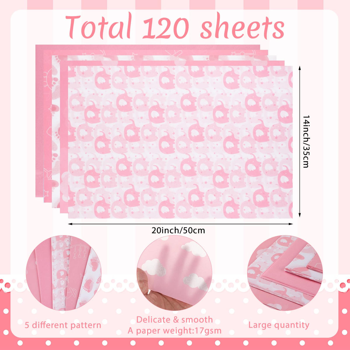 120 Sheets Pink Tissue Paper Bulk 20 x 14 Inch