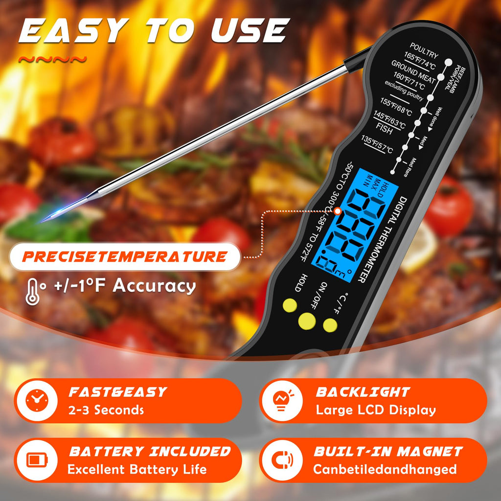 Instant Read Meat Thermometer, Fast & Accurate Digital Food Thermometer with Backlight, Waterproof & Magnet for