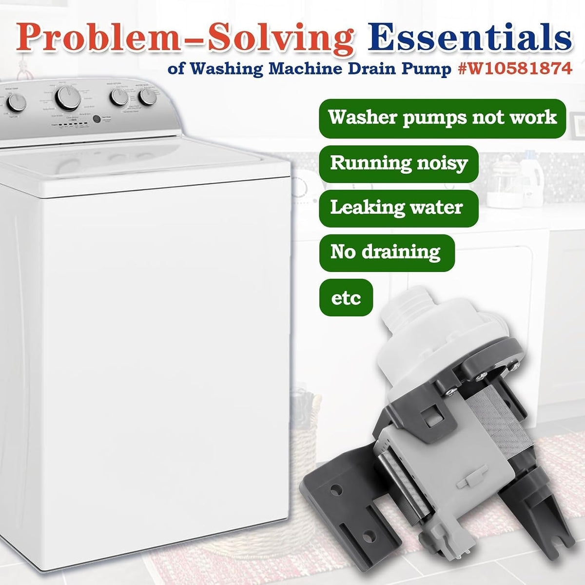 W10581874 WPW10581874 EAP10056668 Washer Drain Pump Replaces AP5949627 3449735 PD00028019 Fit for Whirl-pool May-tag Ken-more Washing Machine MVWB835DW0 MVWB855DC0 MVWC555DW0 WTW8500DR0 11025132410
