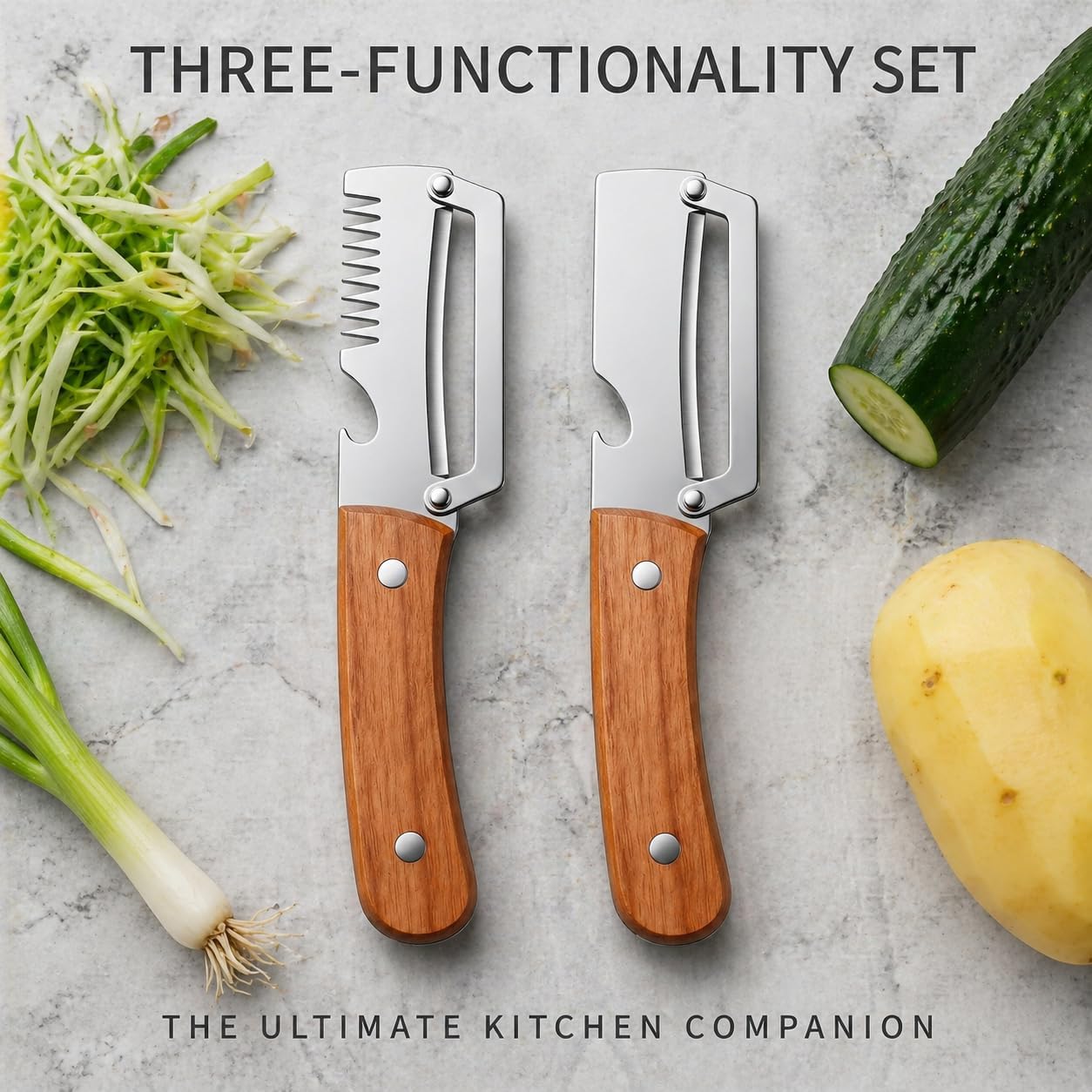 2Pcs Multifunctional Vegetable Peeler with Wooden Handle, Odorless Stainless Steel Peeler, 2-in-1 and 3-in-1 Kitchen