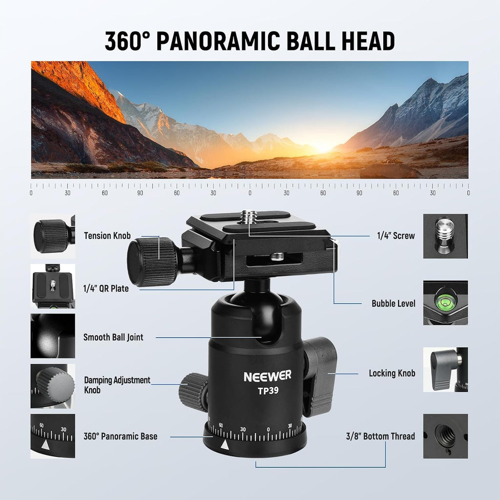 Carbon Fiber Camera Tripod Monopod, 65" Lightweight Compact Portable Travel DSLR Video Stand, 360° Ball Head, Anti