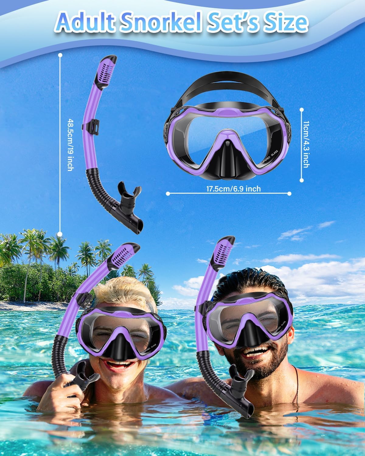 Snorkeling Gear for Adults, Adult Snorkel Set with Panoramic Anti-Leak and Anti-Fog Tempered Glass Snorkel Mask, Dry