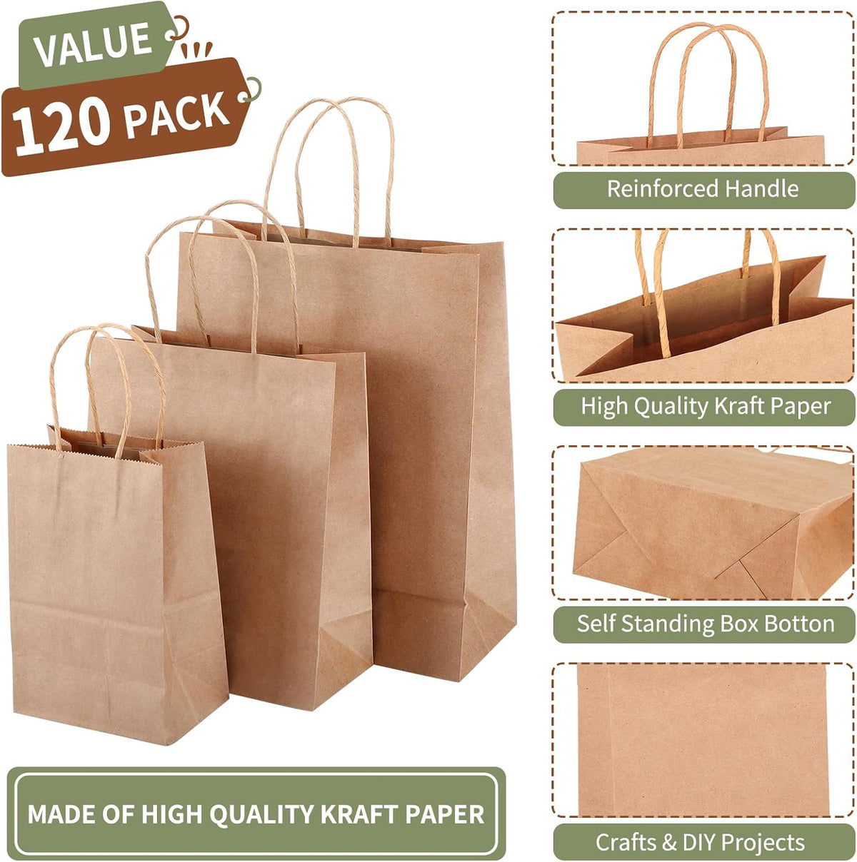 120pcs Brown Paper Bags with Handles, Assorted Sizes Gift Bags