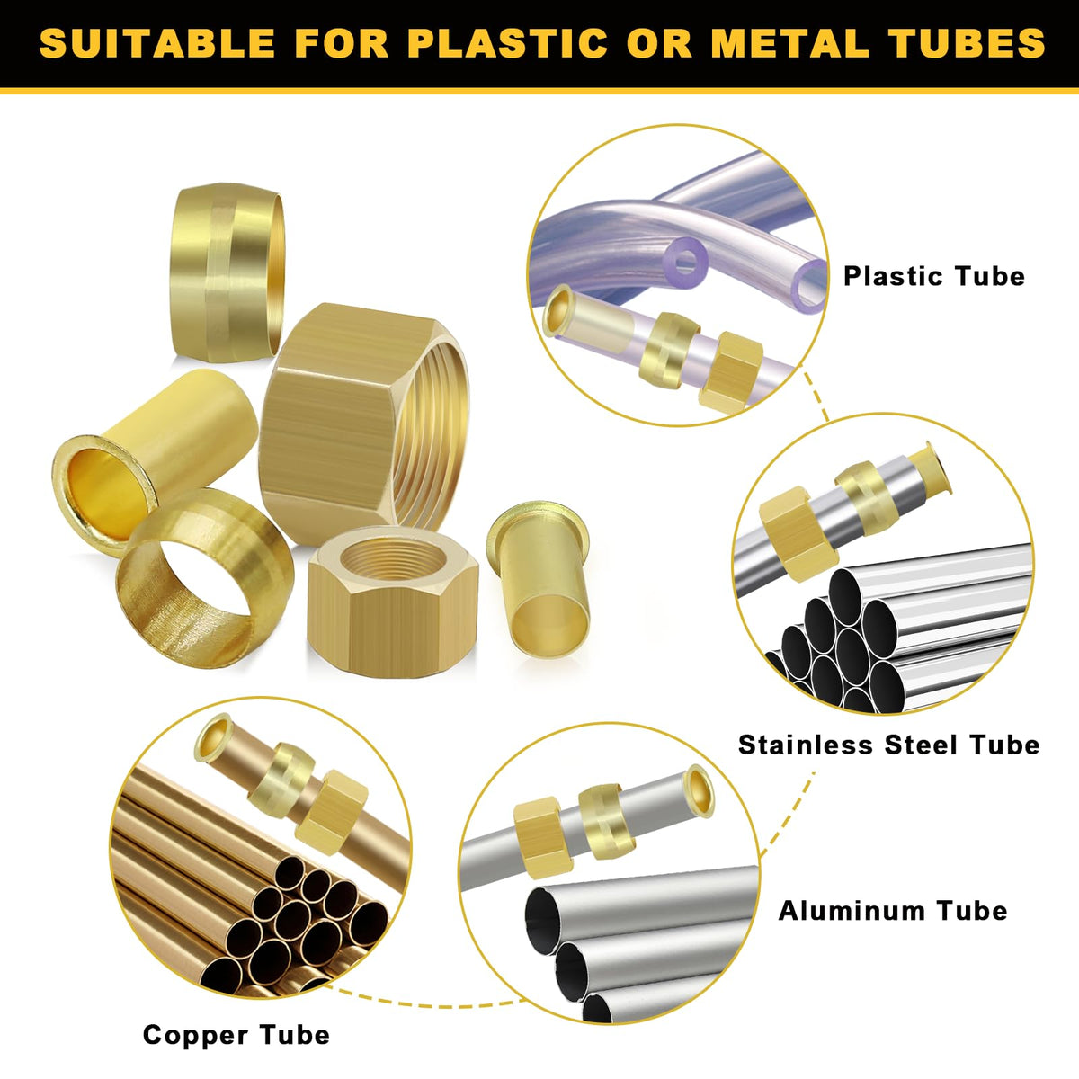 Siptenk 255PCS Brass Compression Sleeves Ferrules Inserts Nuts Fittings